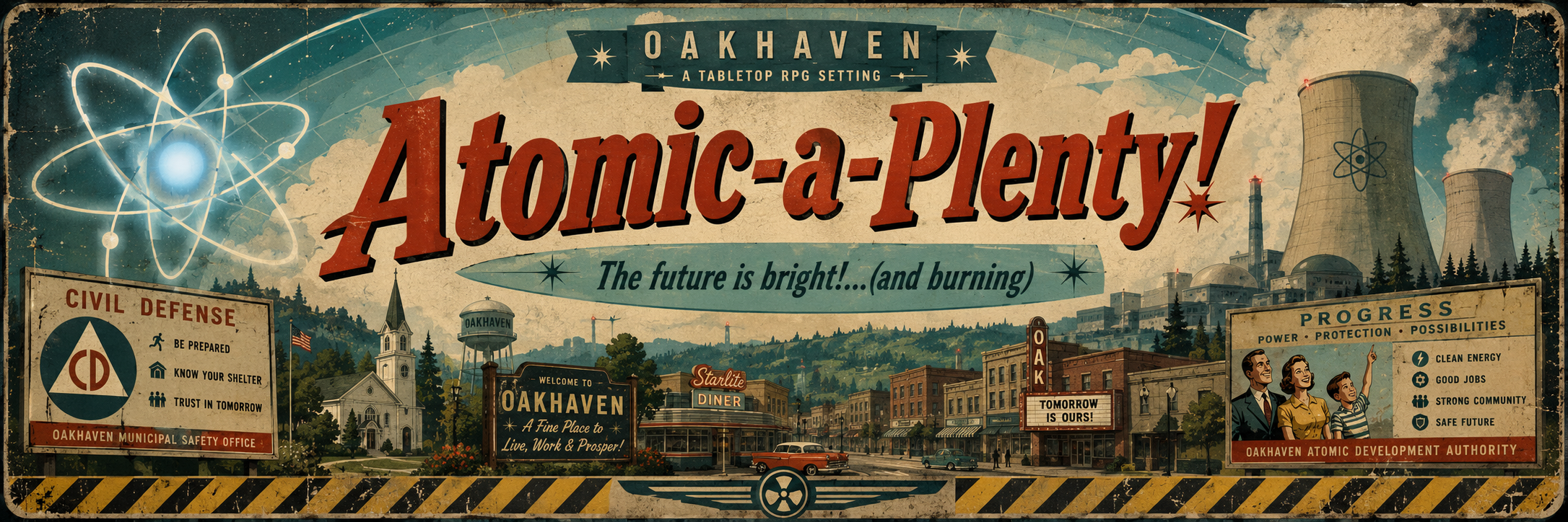 Atomic-a-Plenty campaign banner showing Oakhaven civil defense propaganda